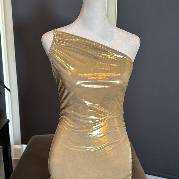 Women’s Gold Bodycon One Shoulder Lightweight Party Cocktail Prom Dress Size S - Picture 2 of 8